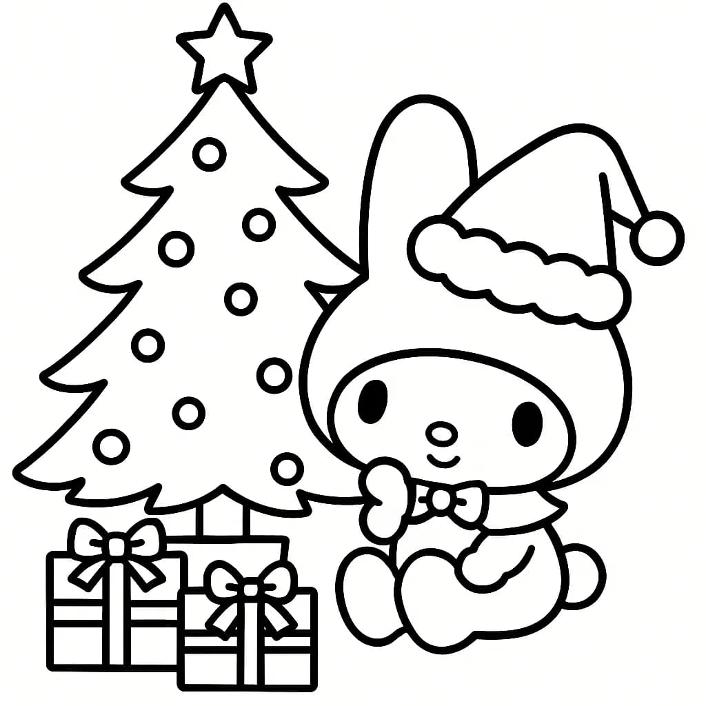 My Melody wearing a Santa hat next to a decorated Christmas tree and presents, easy coloring page
