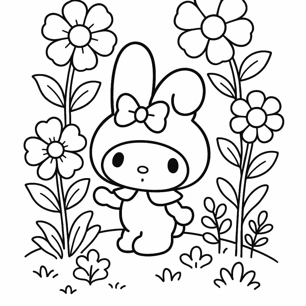 My Melody standing among big simple flowers, easy for preschoolers to color.