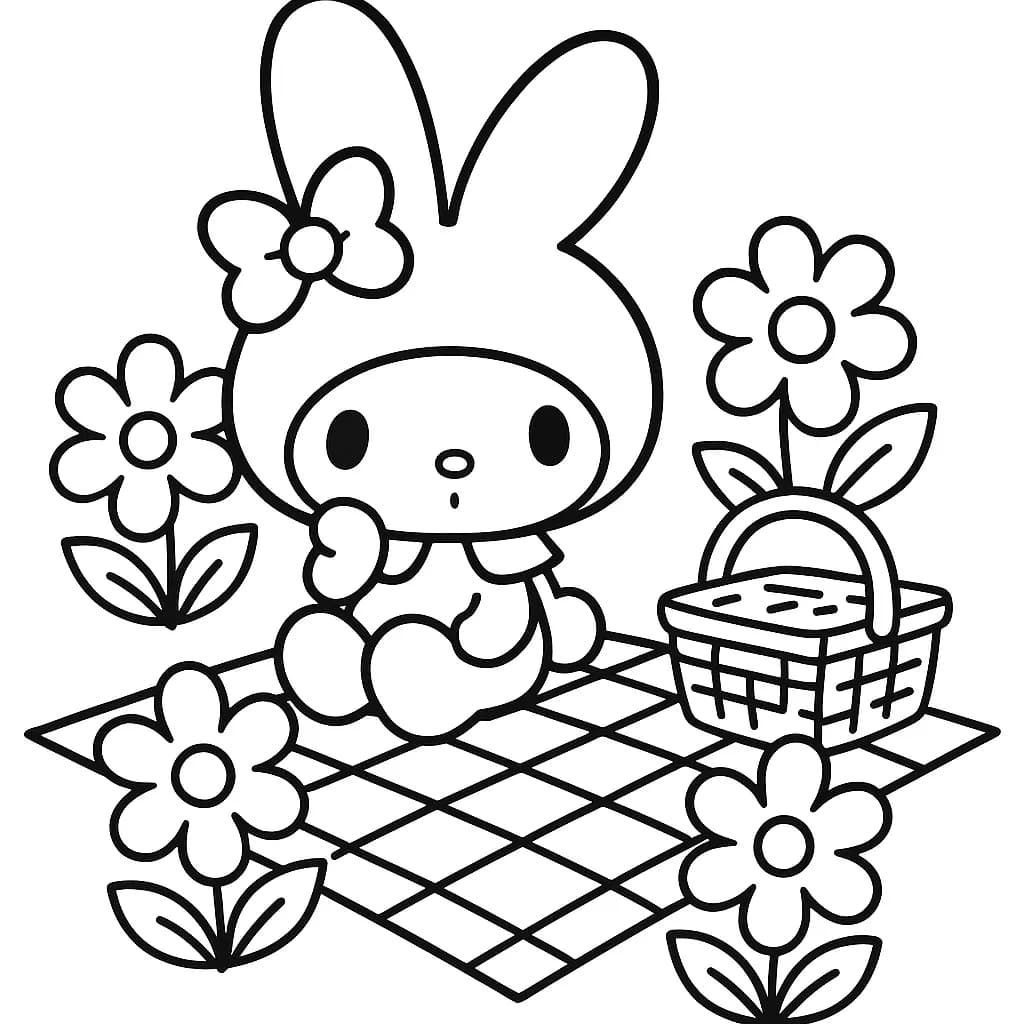 My Melody sitting on a picnic blanket surrounded by big spring flowers and a picnic basket, with simple large shapes for easy coloring.