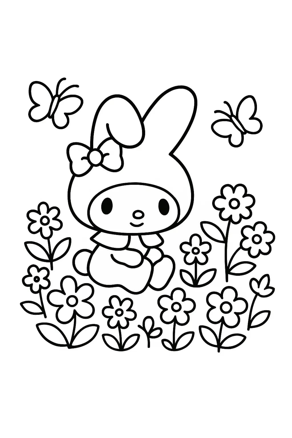 My Melody sitting in a garden with flowers and butterflies, easy coloring page