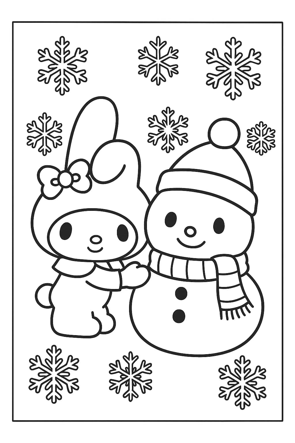 My Melody building a big snowman with a scarf and hat, surrounded by large snowflakes and snowy ground, easy to color for preschoolers.