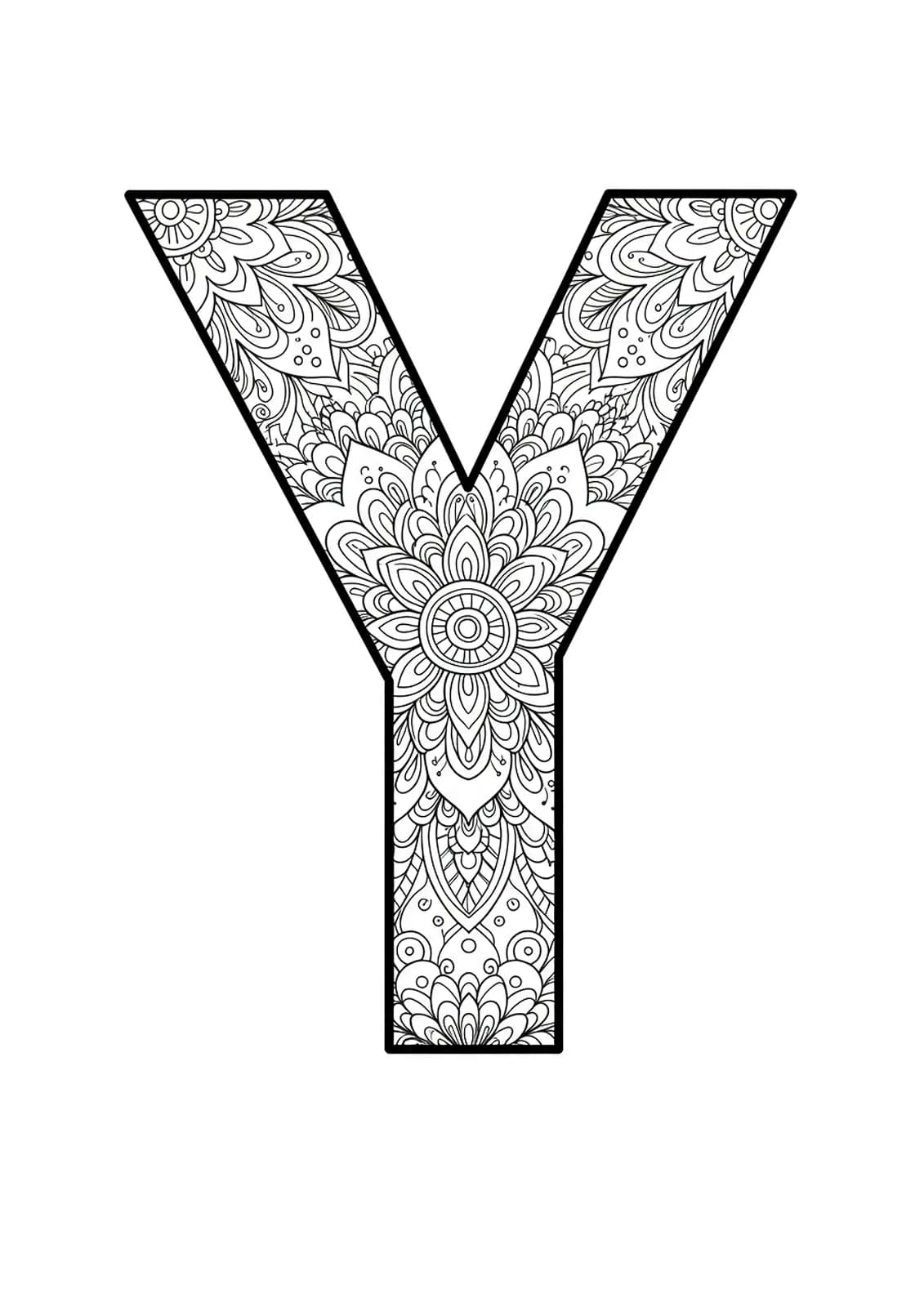 Intricate mandala designs forming and surrounding the letter Y, black and white line art for adults.