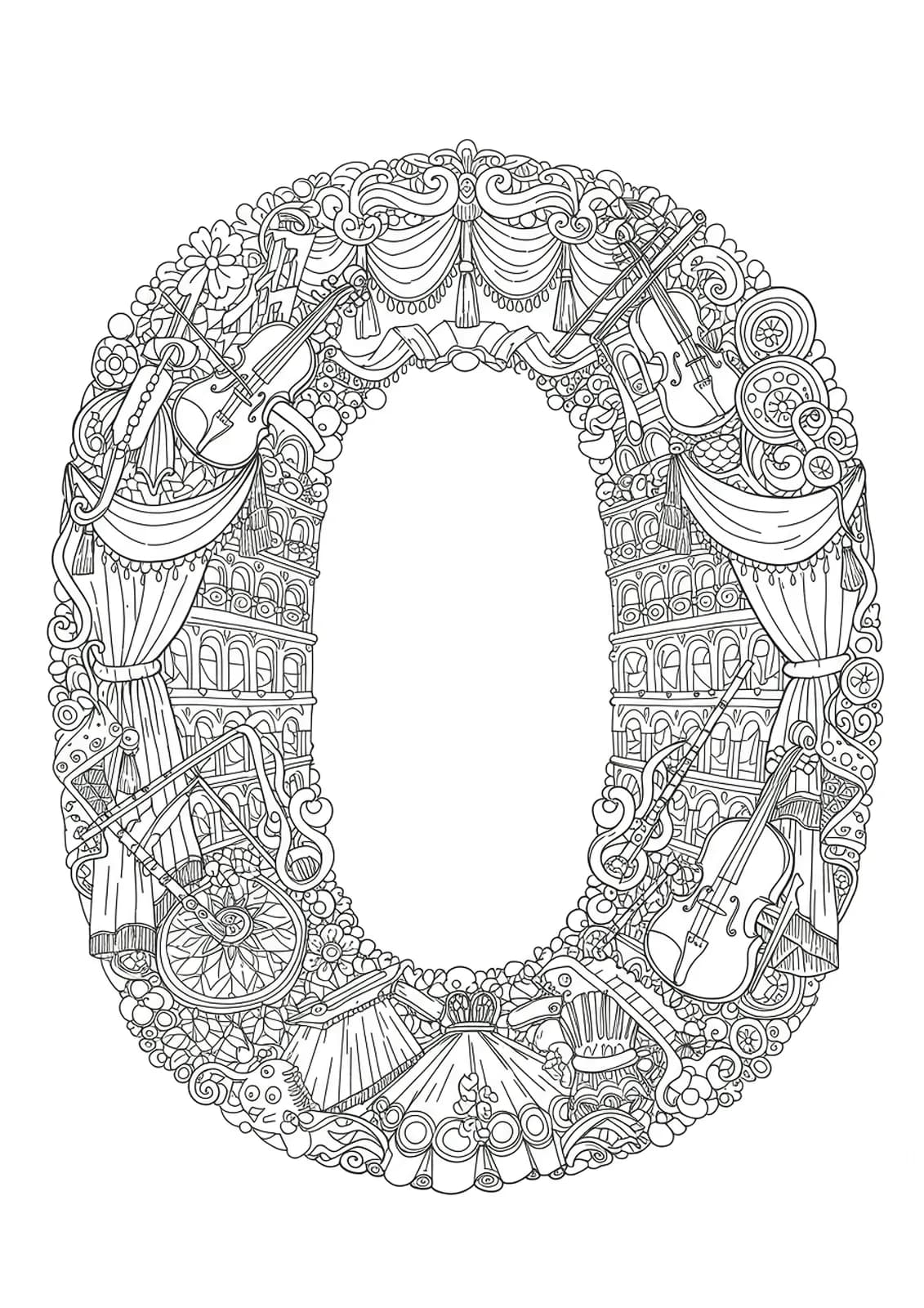 Letter O coloring page with detailed music notes, opera house elements, and instruments.