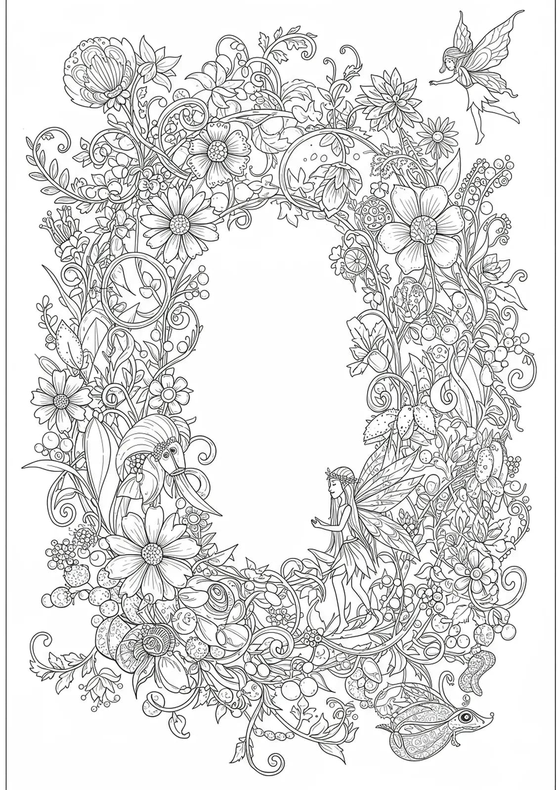 Letter O coloring page with magical garden, fairies, flowers, and whimsical details.