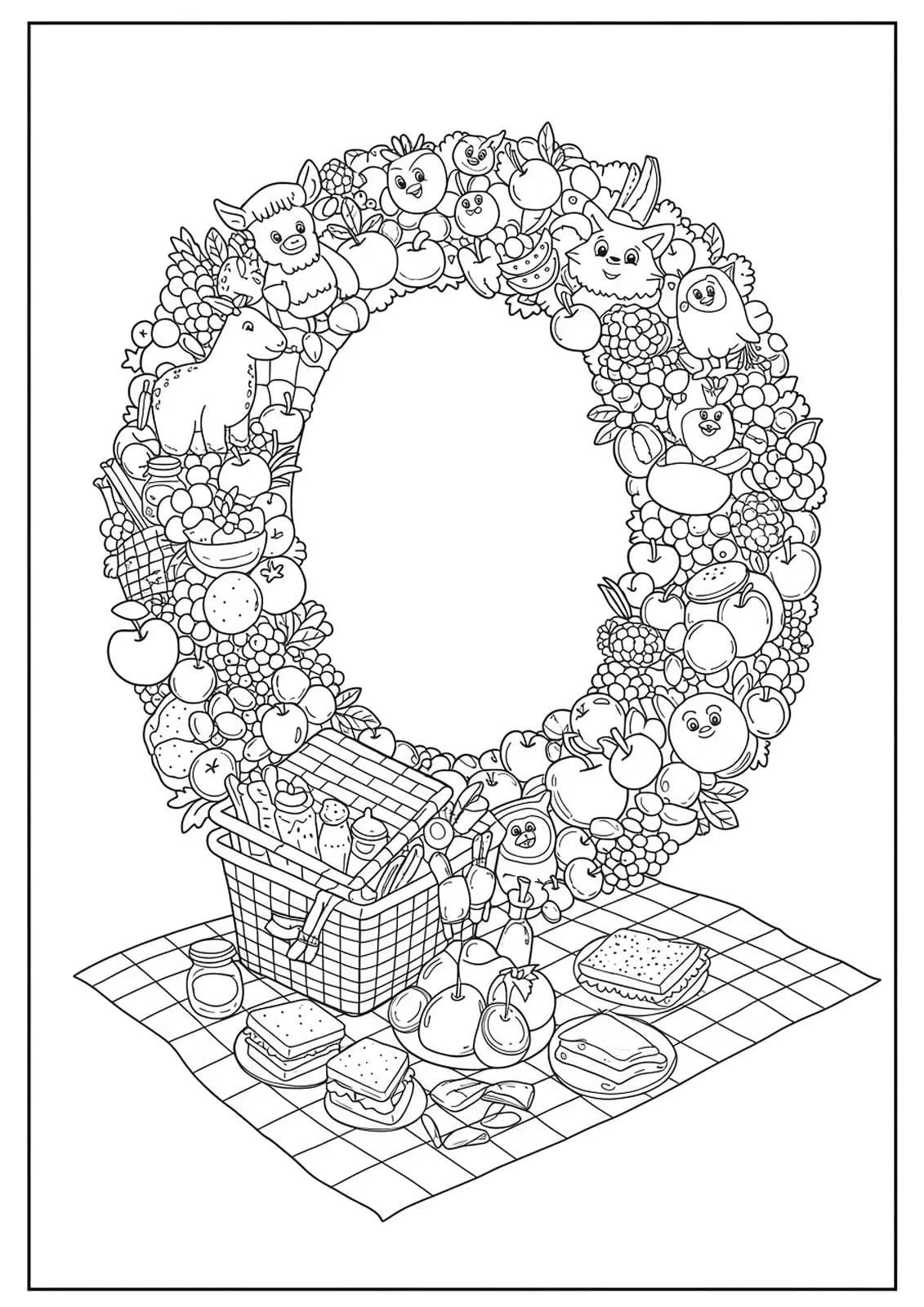Letter O with detailed picnic basket, food, and blanket patterns for preschool coloring.
