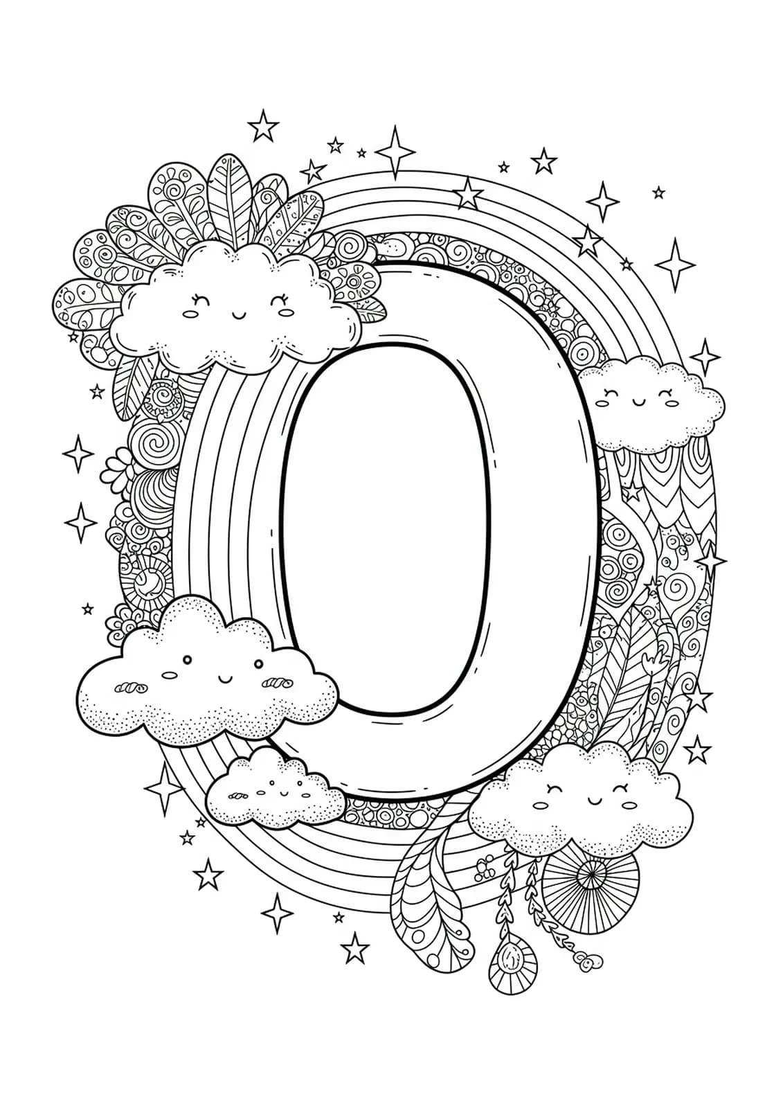 Letter O at the end of a rainbow, with detailed clouds, stars, and patterns for preschool coloring.