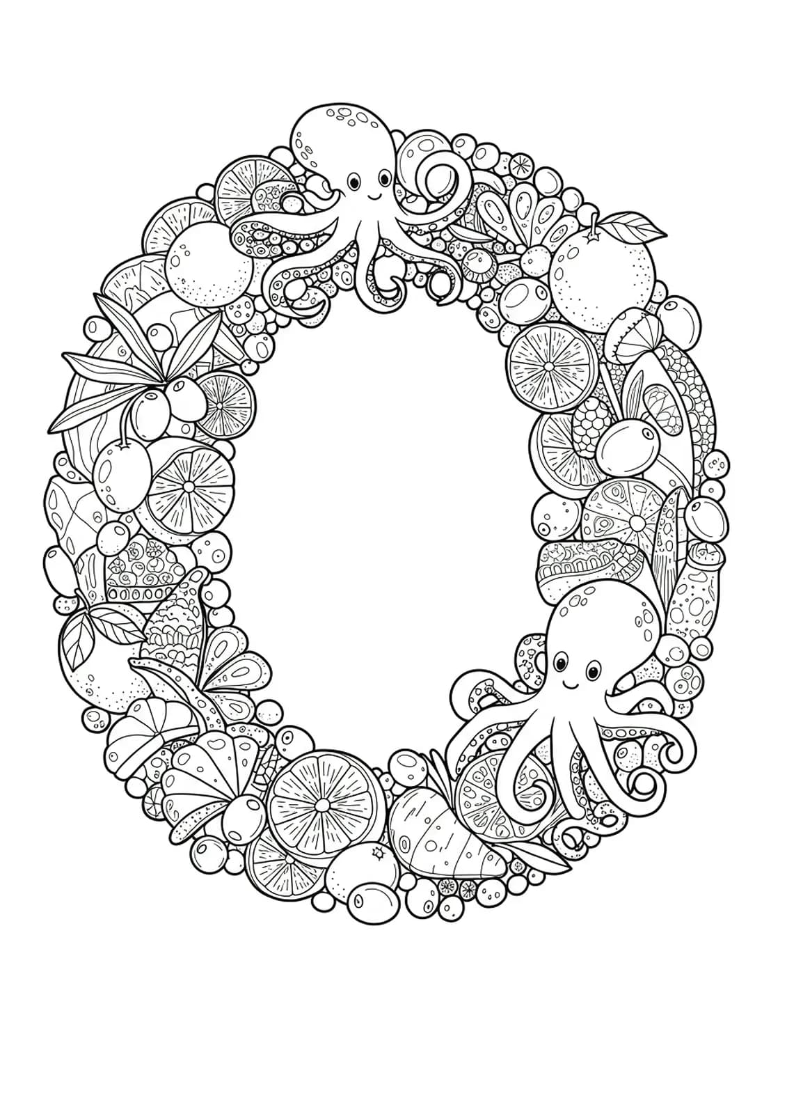 Letter O coloring page with detailed octopuses, olives, oranges, and ocean snacks.