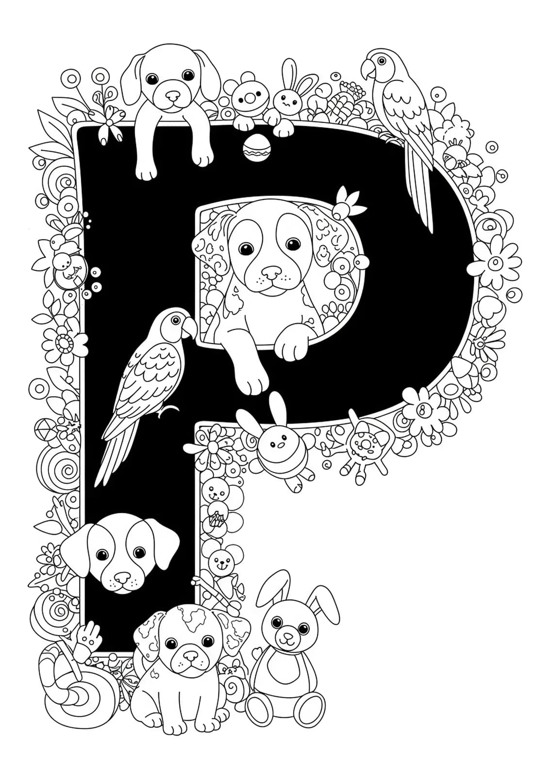 Letter P coloring page with detailed drawings of pets like puppies, parrots, bunnies, and accessories.
