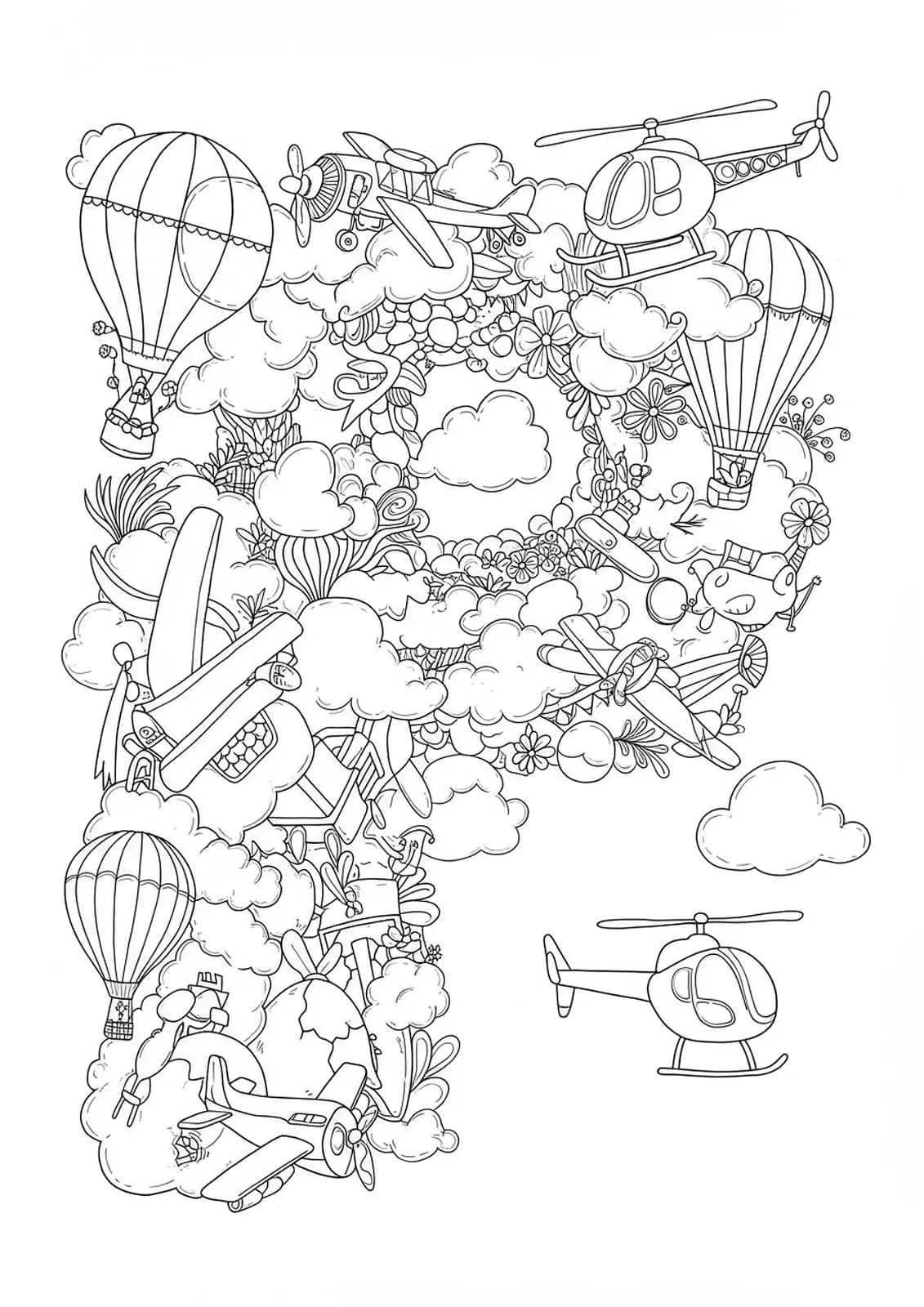Printable hard coloring page of letter P with detailed airplanes, helicopters, balloons, and clouds.