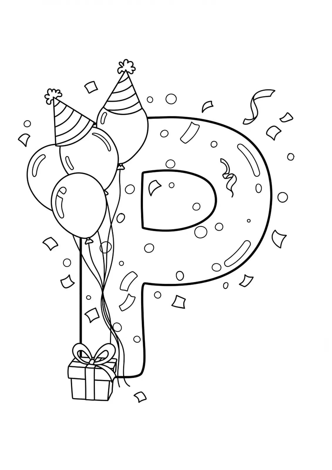A large letter P with party balloons and confetti around it, outlined in simple lines.
