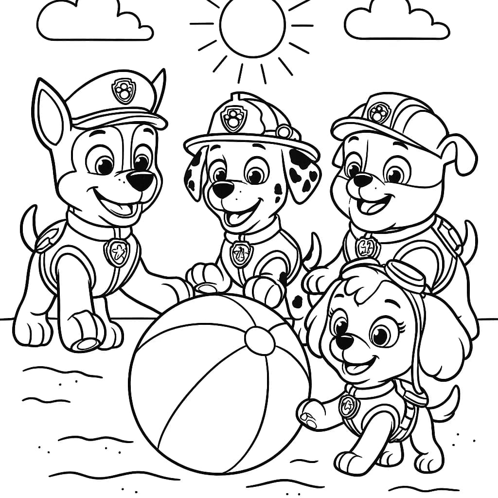Paw Patrol characters playing with a beach ball on the sand