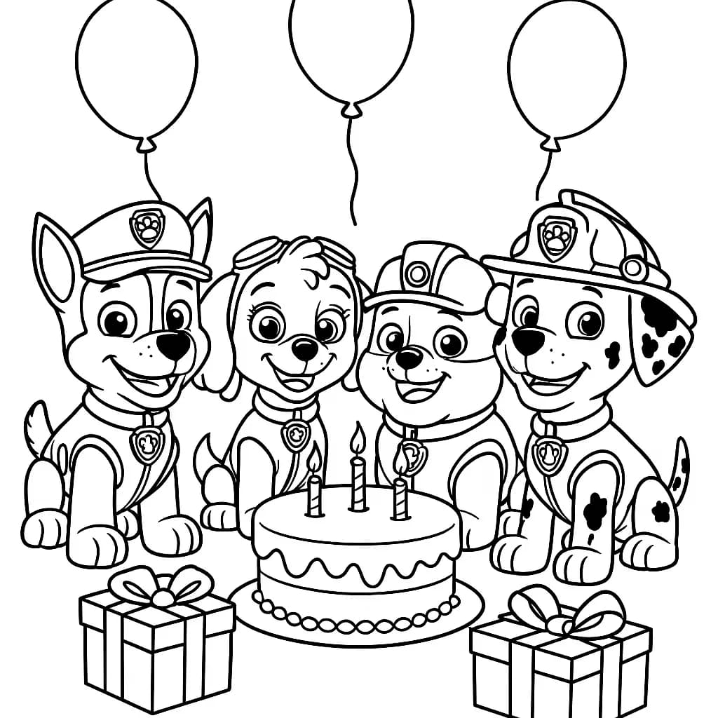 Paw Patrol pups gathered around a birthday cake with balloons and presents, easy outlines