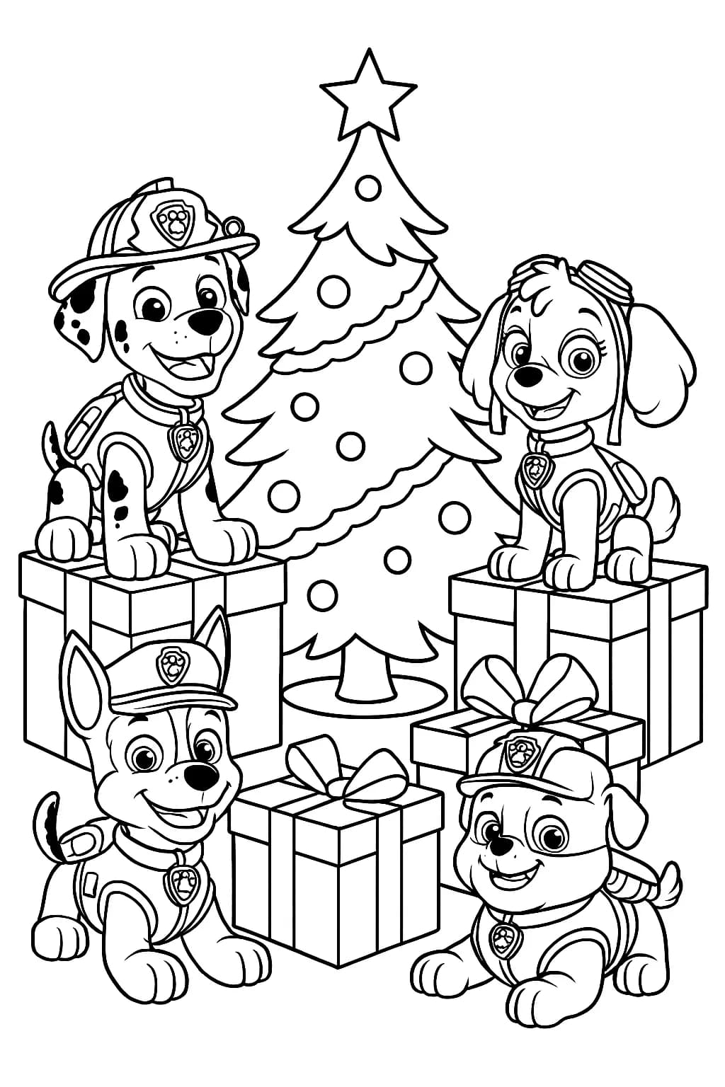 Paw Patrol puppies around a decorated Christmas tree with gifts
