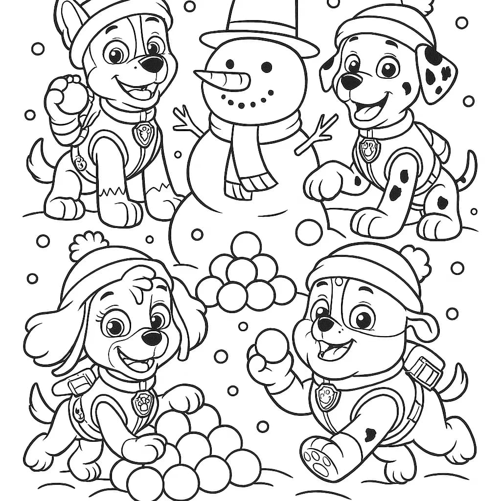 Paw Patrol pups playing in the snow with snowballs and a snowman, simple outlines