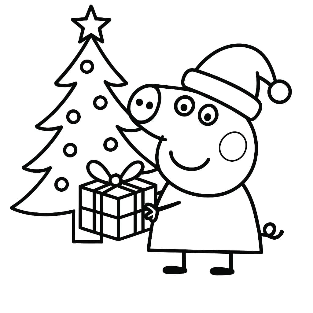 Peppa Pig holding a present beside a simple Christmas tree with a star on top.