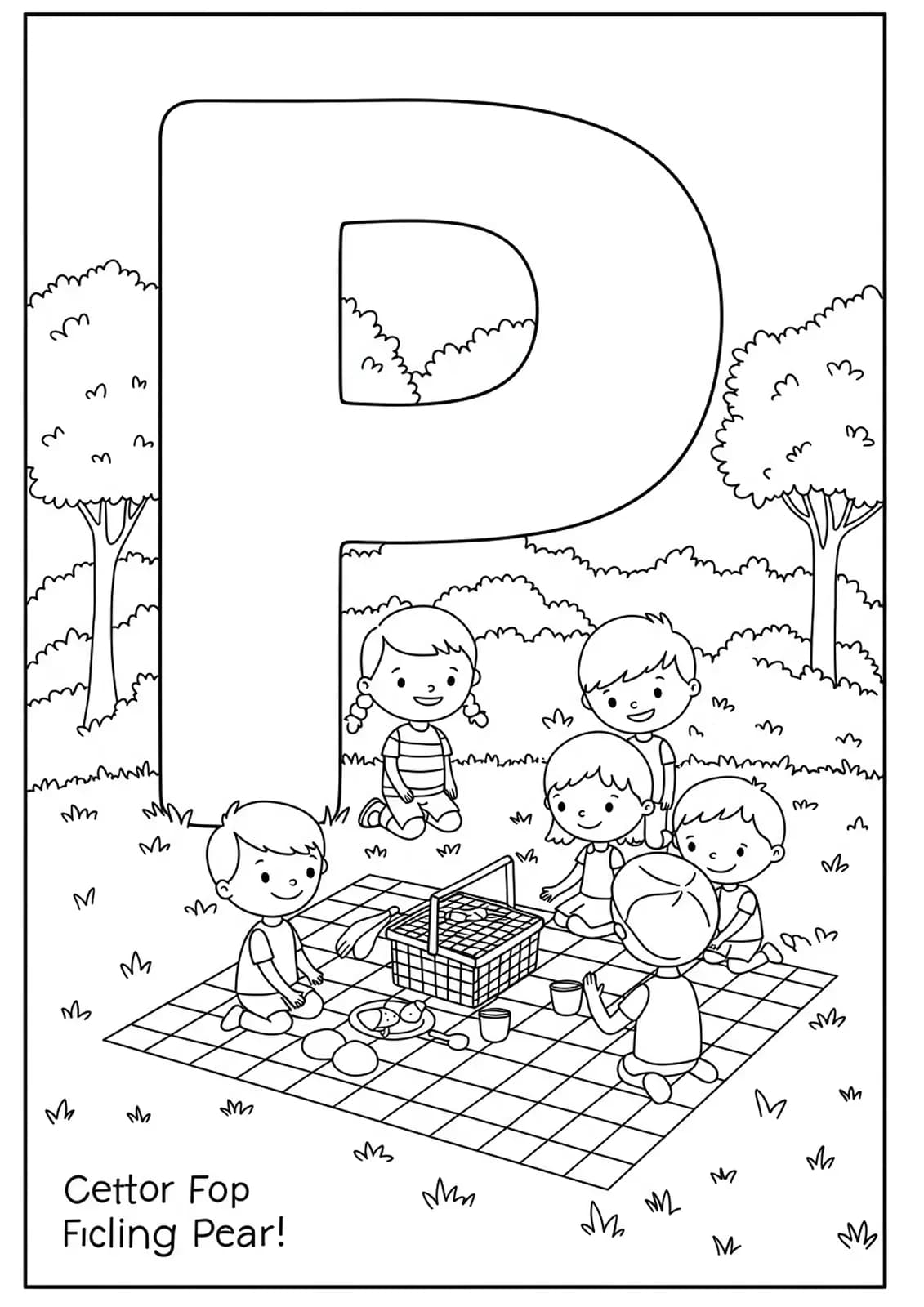 Medium detail coloring page of a picnic scene with children and letter P for elementary students.