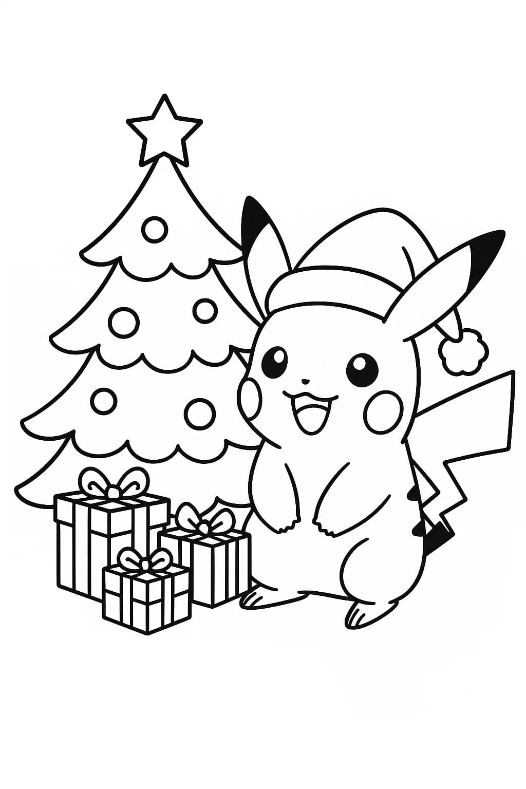 Simple Pikachu in Santa hat with Christmas tree and presents, easy coloring page for kids.