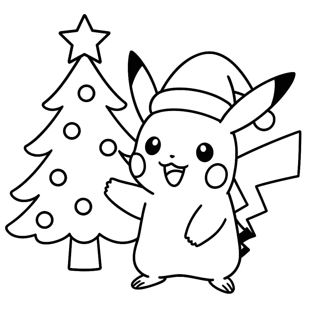 Easy coloring page of Pikachu wearing a Santa hat by a Christmas tree