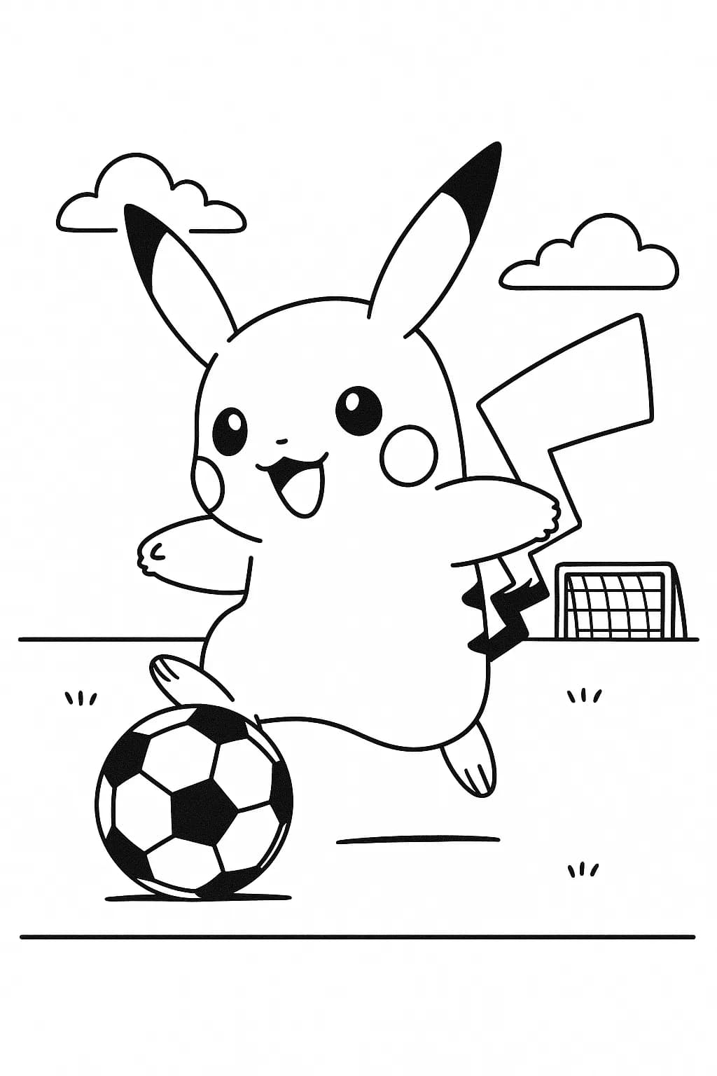 Large-outline coloring page of Pikachu kicking a soccer ball