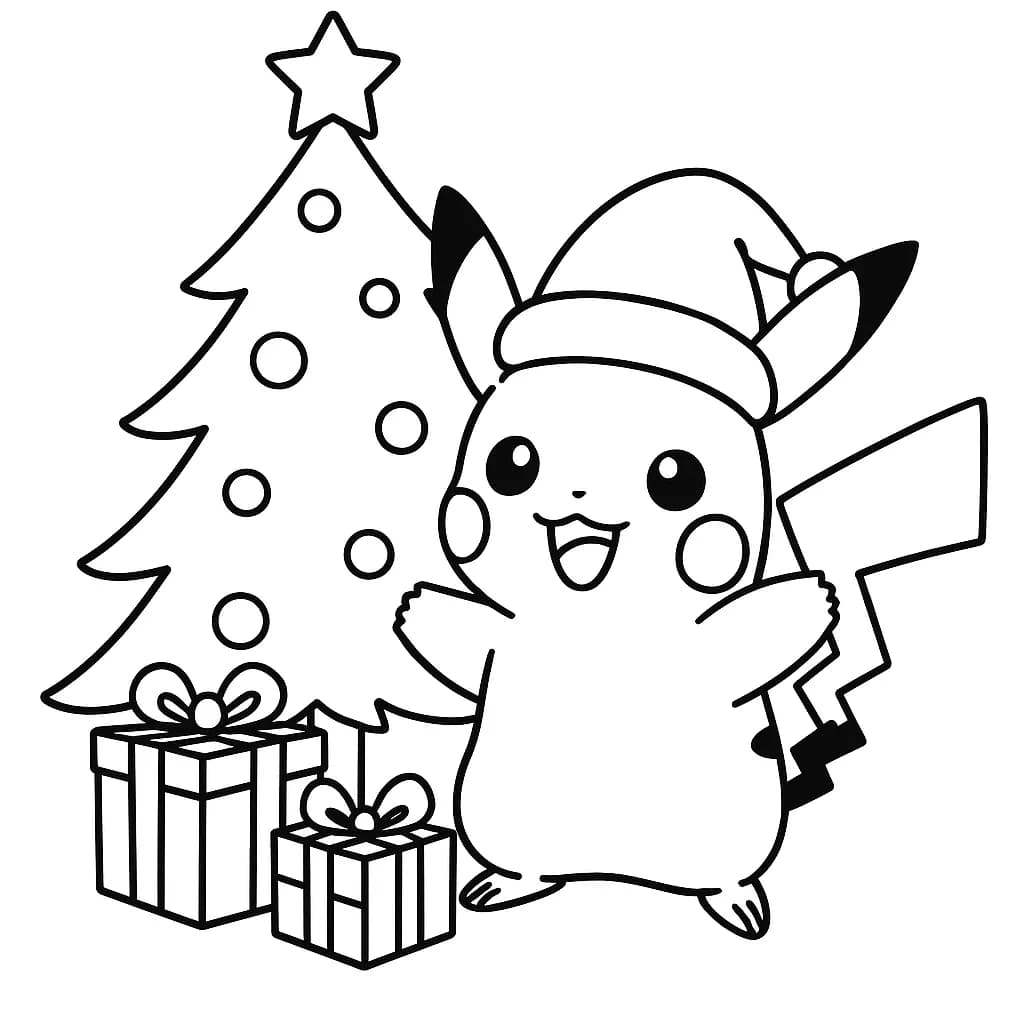 Easy line drawing of Pikachu wearing a Santa hat next to a Christmas tree and presents