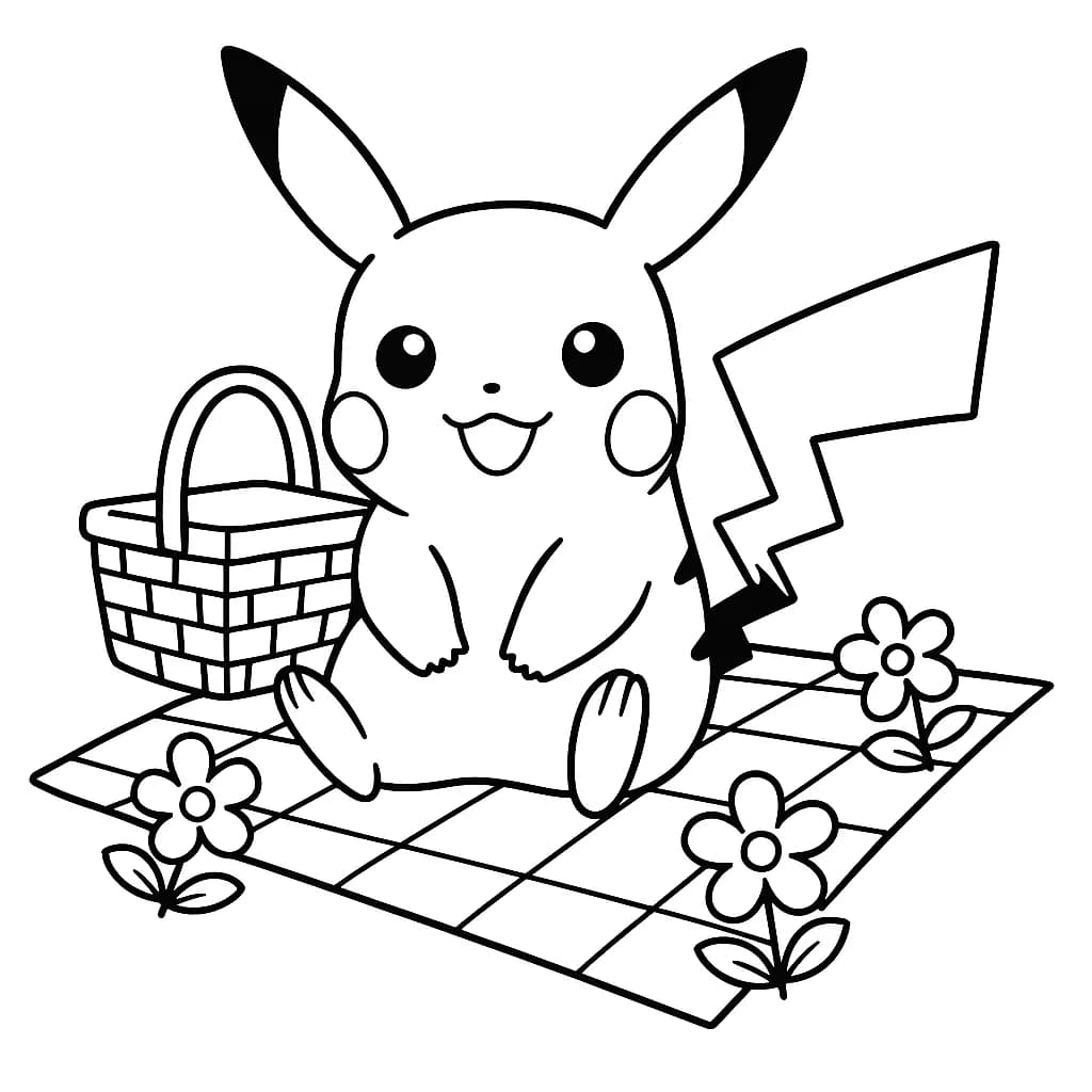 Simple coloring page of Pikachu having a picnic with a basket and flowers