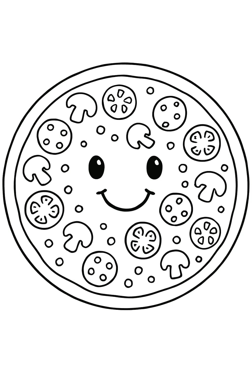 Easy pizza coloring page with smiling pizza and toppings, designed for elementary kids.