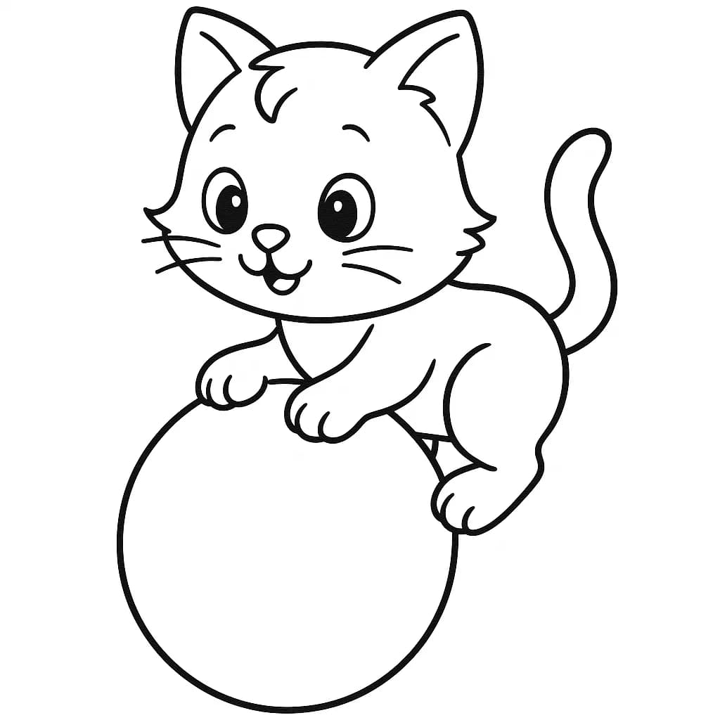 Easy line art coloring page of a kitten playing with a ball for preschool