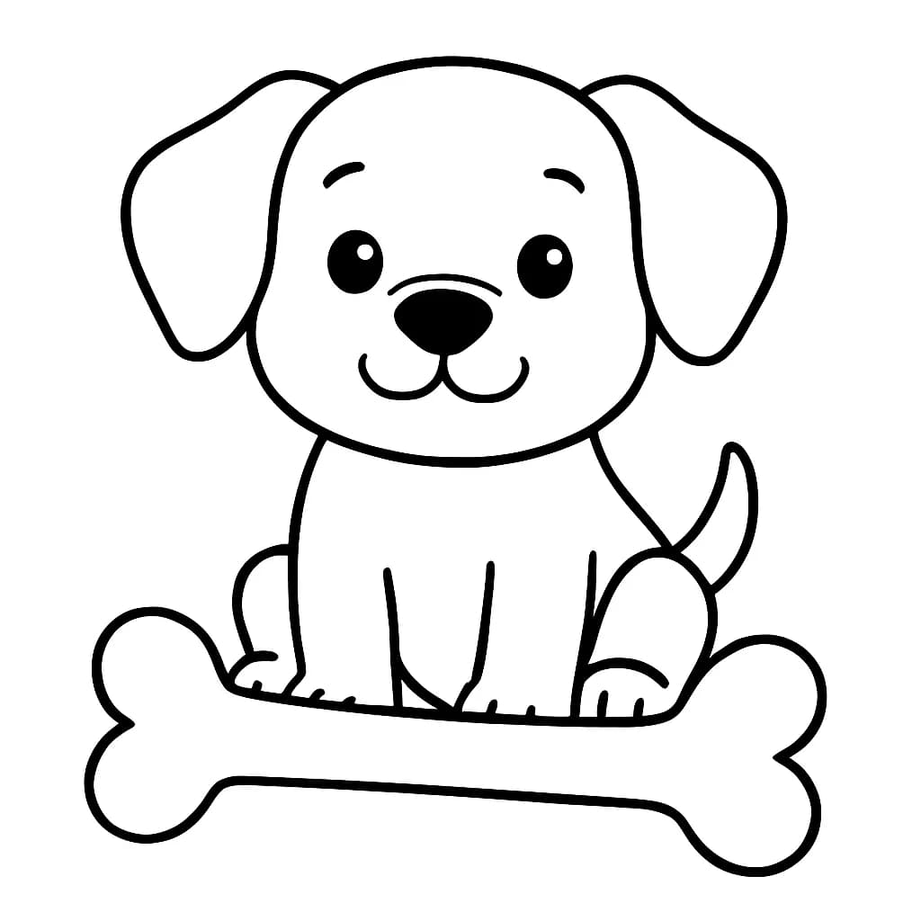 Simple puppy sitting with a large bone, easy preschool coloring page.