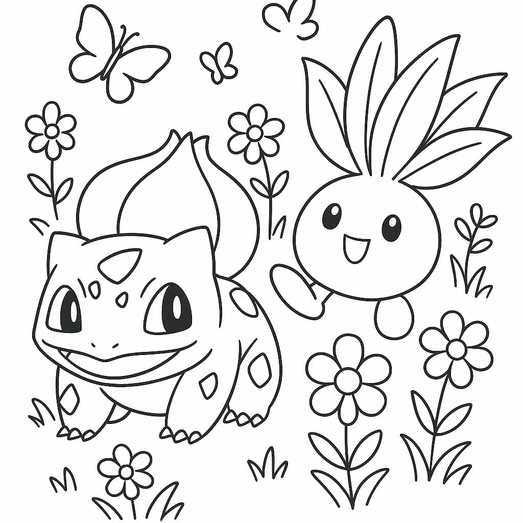 Bulbasaur and Oddish in a garden with flowers and butterflies, easy coloring page
