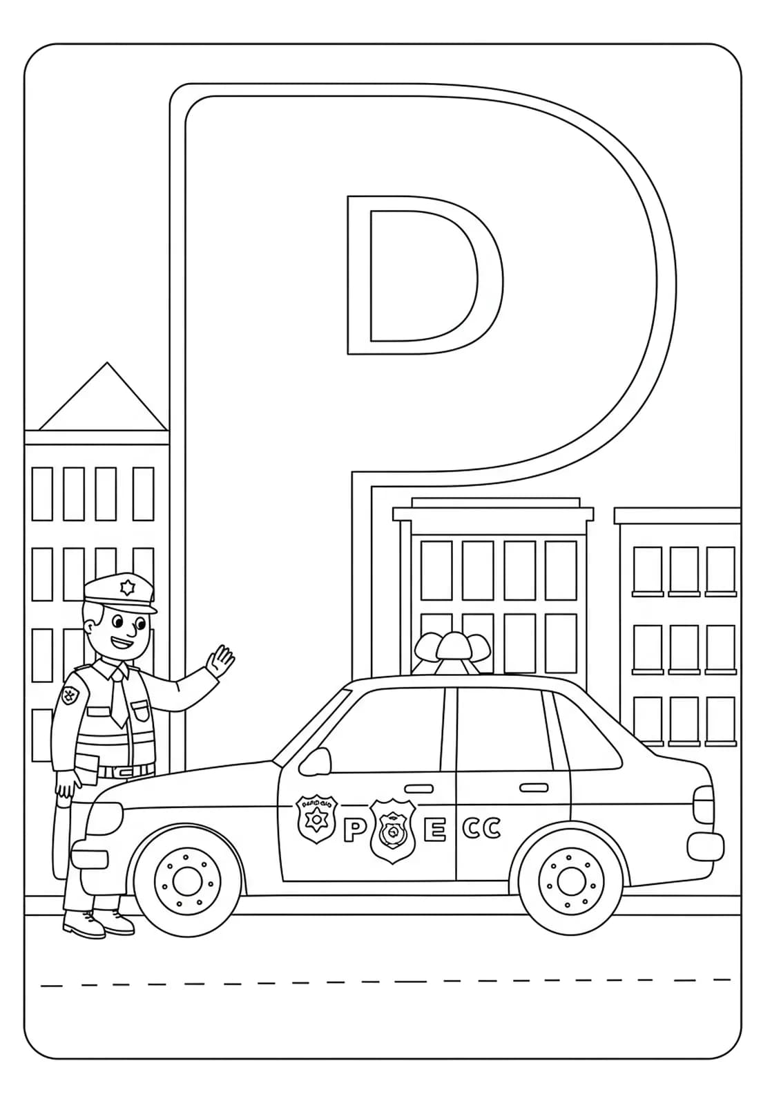 Coloring page with a police car, officer, city buildings, and letter P, medium detail for elementary.