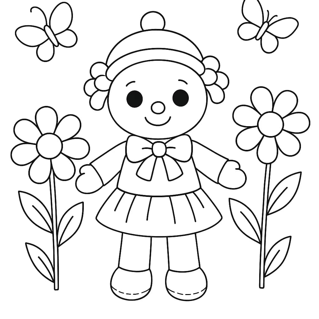 Poppy Playtime character in a garden with large flowers and butterflies, simple outlines.