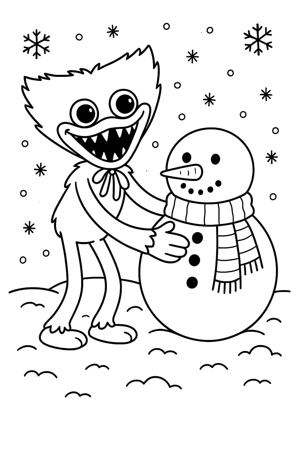 Huggy Wuggy from Poppy Playtime with a snowman, wearing a scarf, in a snowy winter setting.