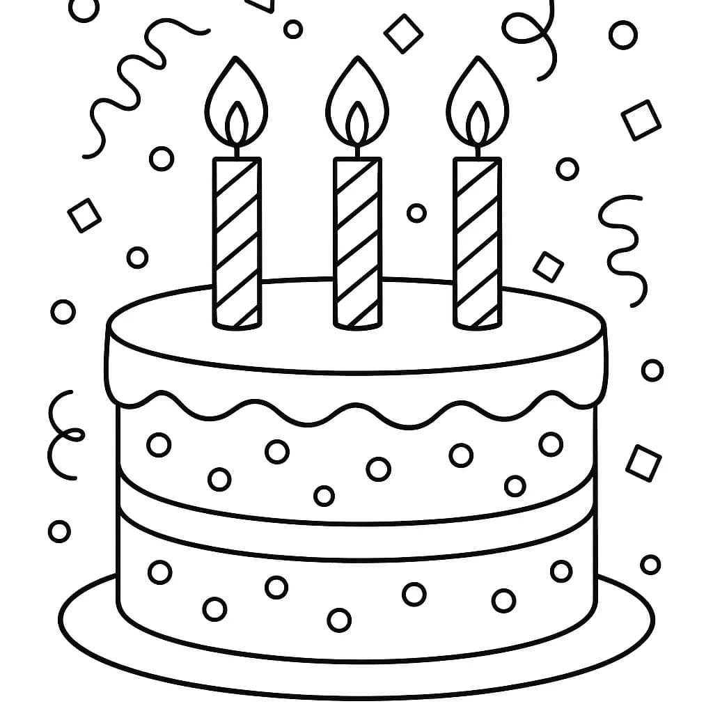 Easy outline of a birthday cake with candles and scattered confetti, perfect for preschool coloring.