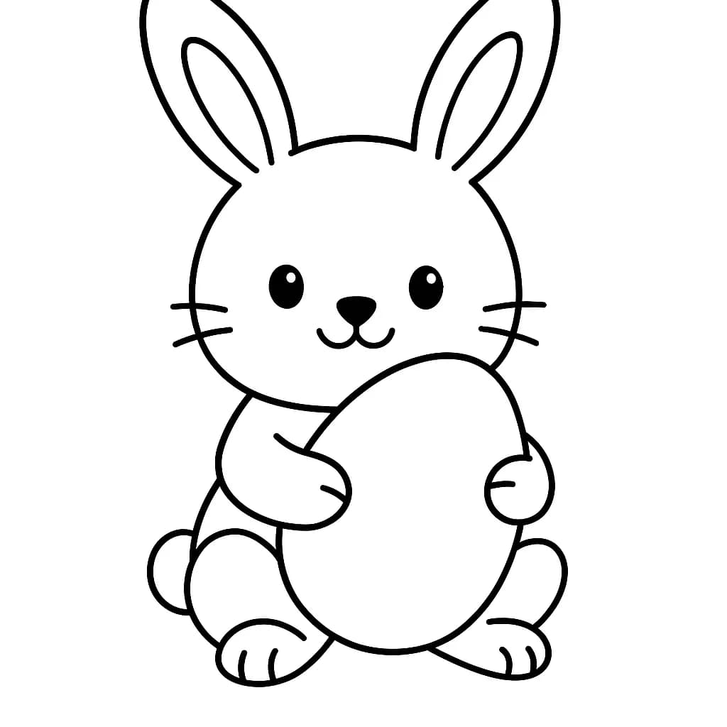 Outline drawing of a smiling Easter bunny holding a big egg, simple and easy for preschoolers to color.