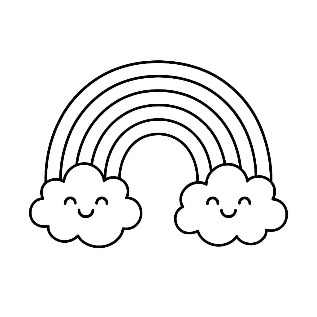 Simple line art of a large rainbow with two smiling clouds, designed for preschool coloring.