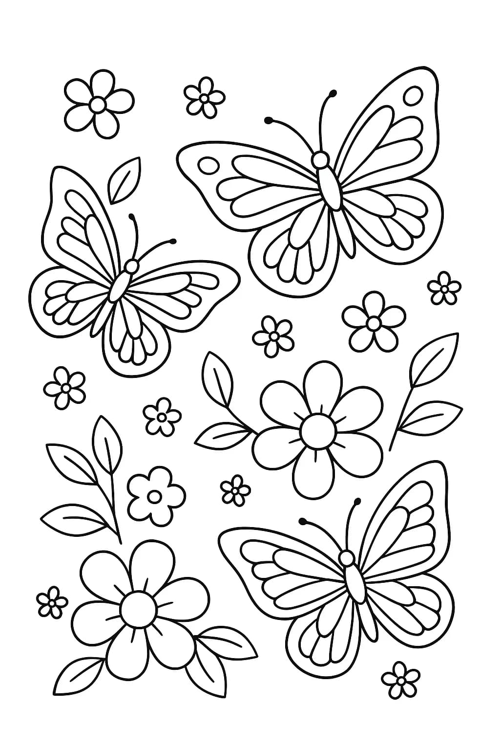 Simple butterfly and flower coloring page with easy outlines for kids.
