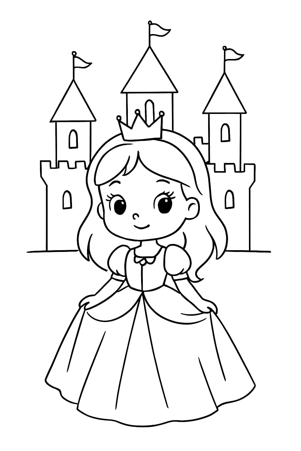 Coloring page showing a girl in a princess dress standing outside a basic castle, for preschool-aged children.