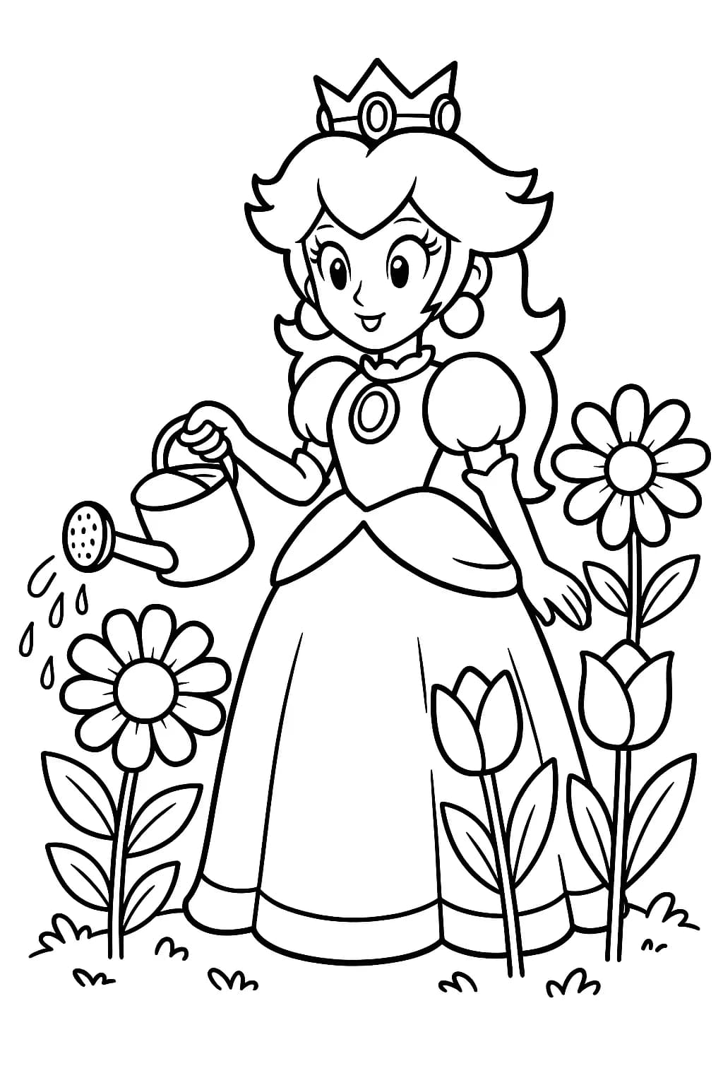 Princess Peach in a flower garden holding a watering can, surrounded by large spring flowers.