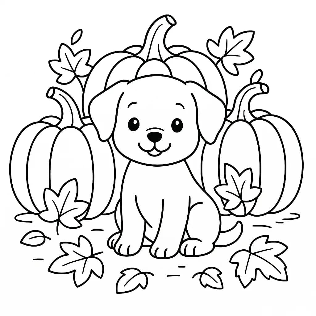 Easy coloring page of a puppy sitting in a pumpkin patch with leaves around