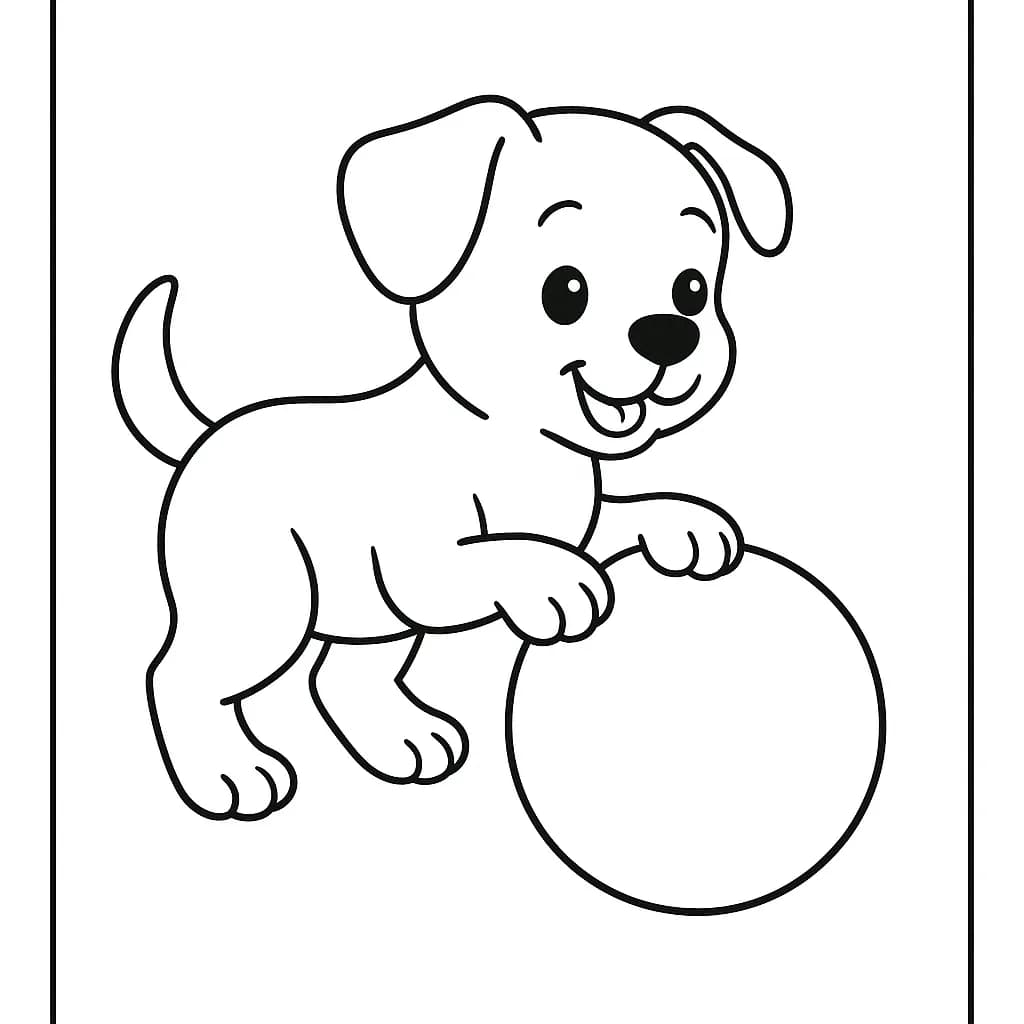 Easy line drawing of a puppy pawing at a large ball, designed for young children