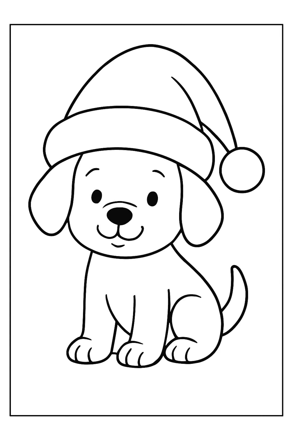 Simple line art of a puppy wearing a Santa hat, easy for preschoolers to color