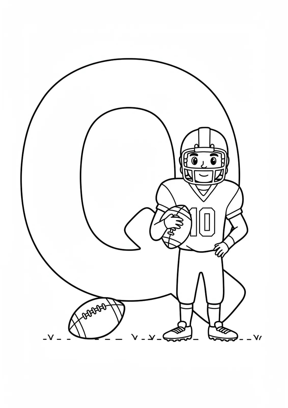 Large letter Q with a cartoon football quarterback and football, easy outlines for coloring.