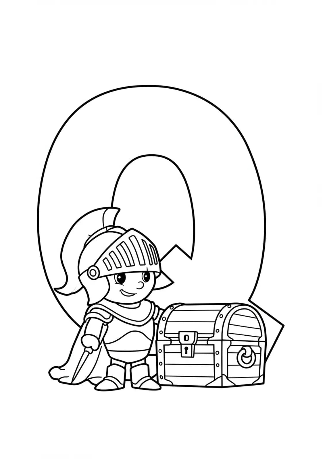 Large letter Q with a knight’s helmet and a simple treasure chest, easy lines for coloring.