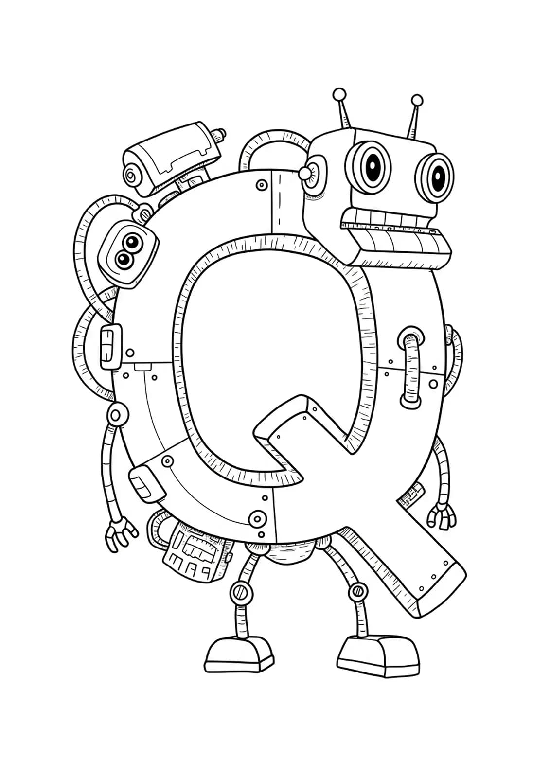 Intricate line art of quirky robots made of gears and wires, with letter Q shapes in the design.