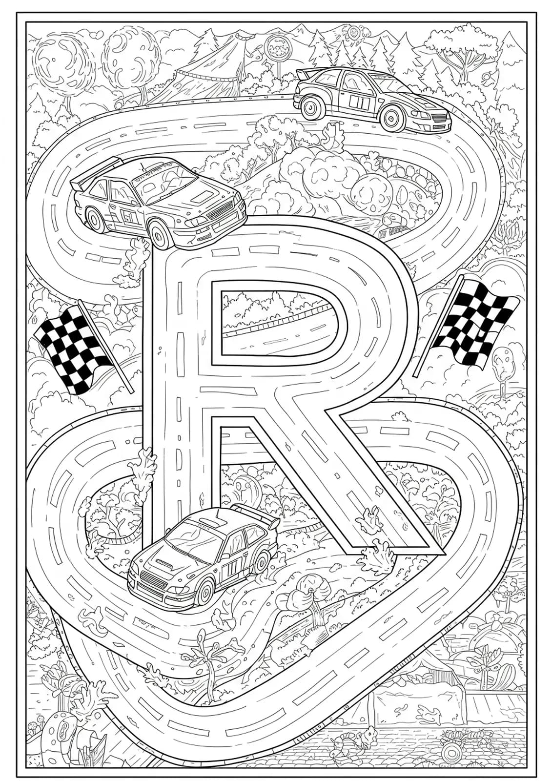 Detailed letter R with rally cars, checkered flags, and winding race tracks in a hard coloring design.
