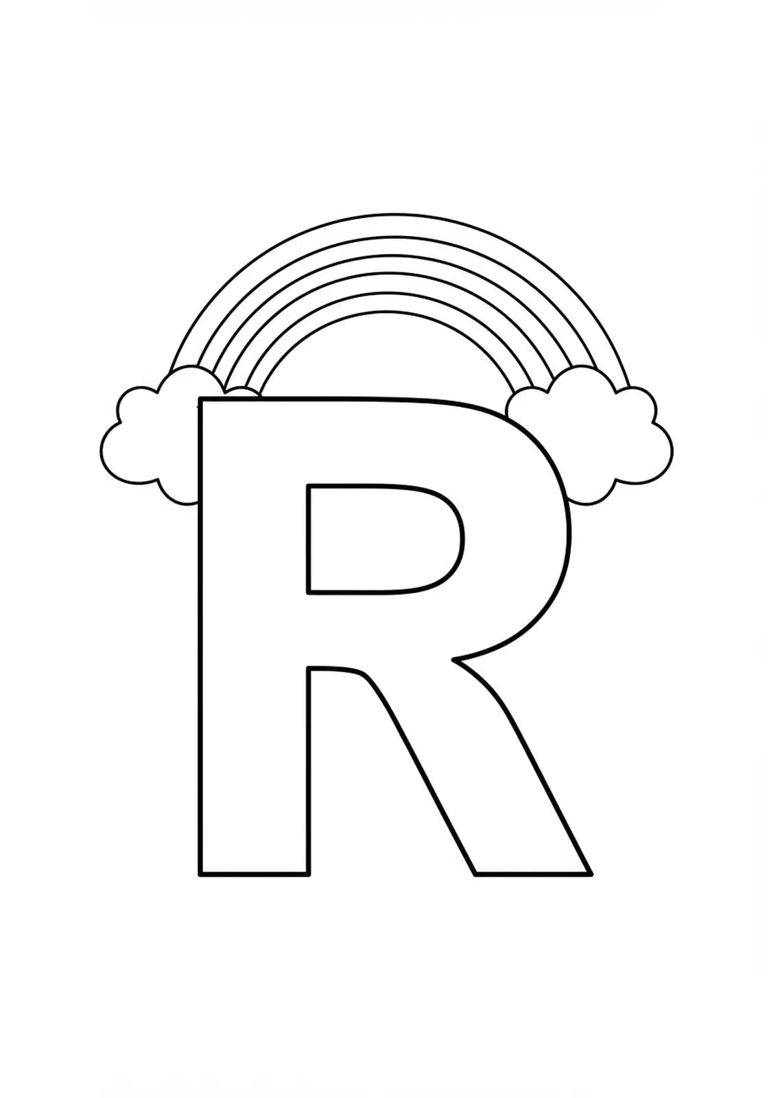 Large letter R with a simple rainbow arching over it, easy outlines for elementary coloring.