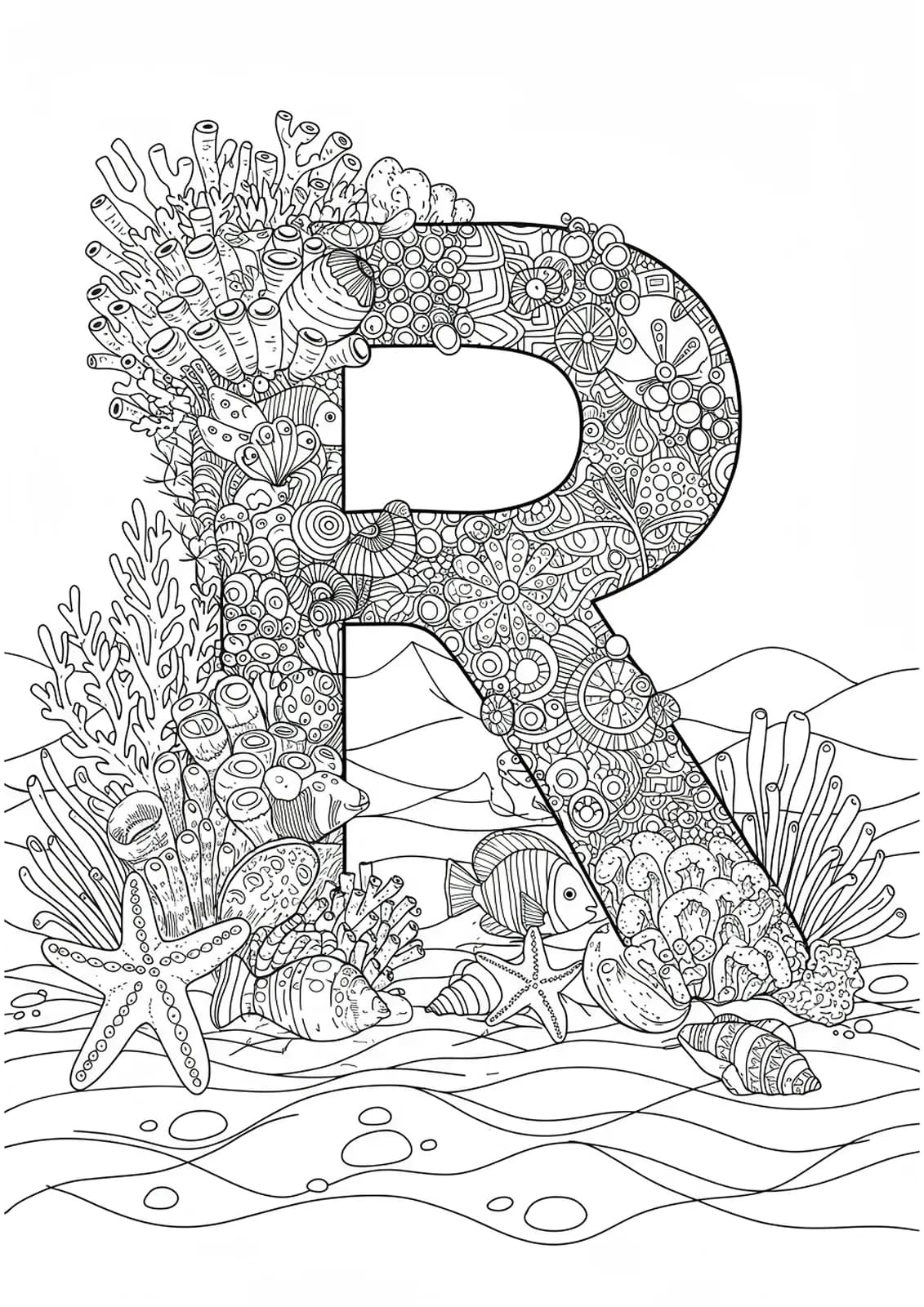 Intricate letter R surrounded by coral, tropical fish, shells, and ocean waves in a hard coloring page.
