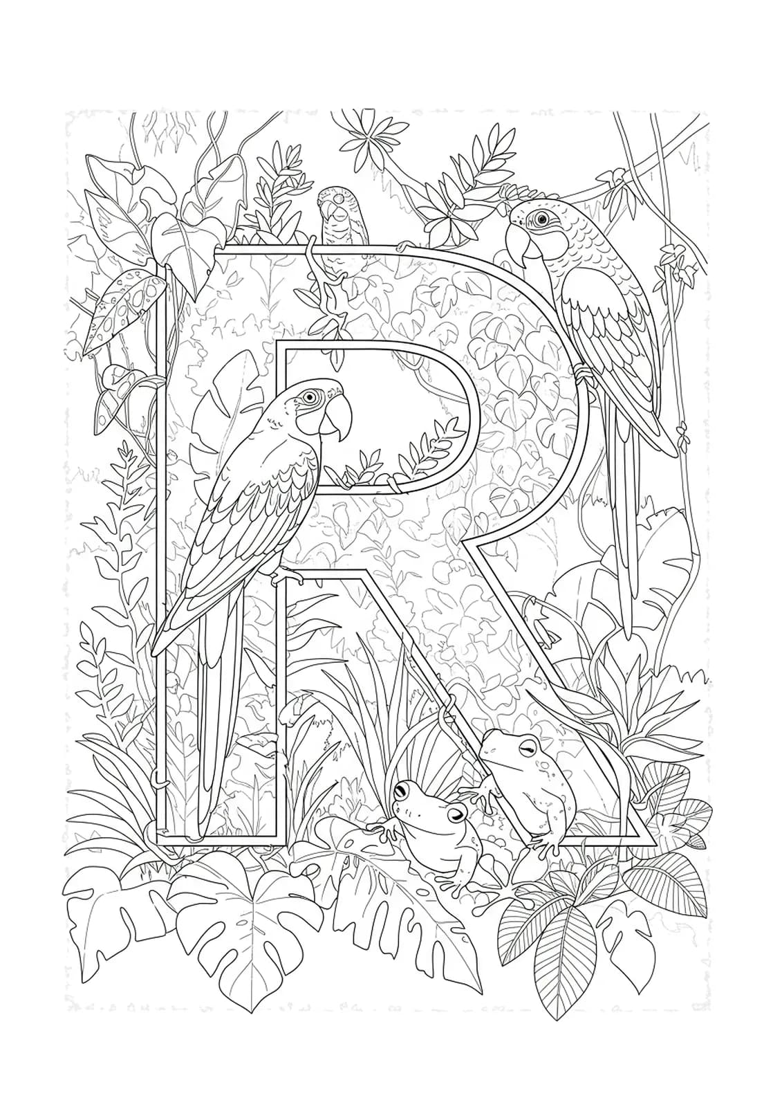 Highly detailed letter R surrounded by rainforest plants, animals, and leaves, ready for coloring.