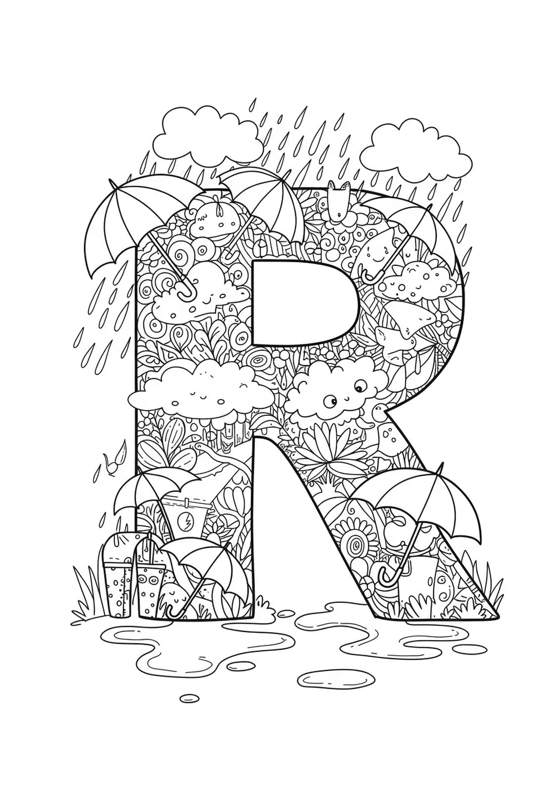 Elaborate letter R with umbrellas, raindrops, clouds, and puddles, all in intricate detail.