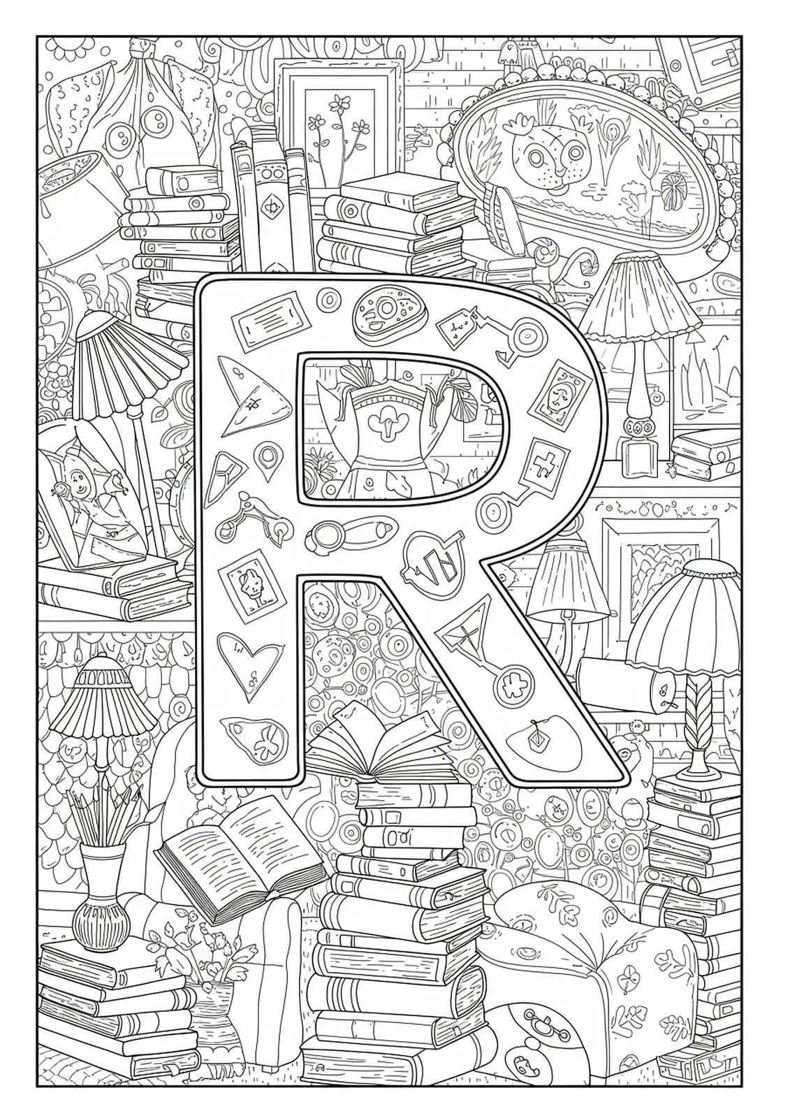 Elaborate letter R with books, lamps, cozy reading corners, and literary motifs for complex coloring.